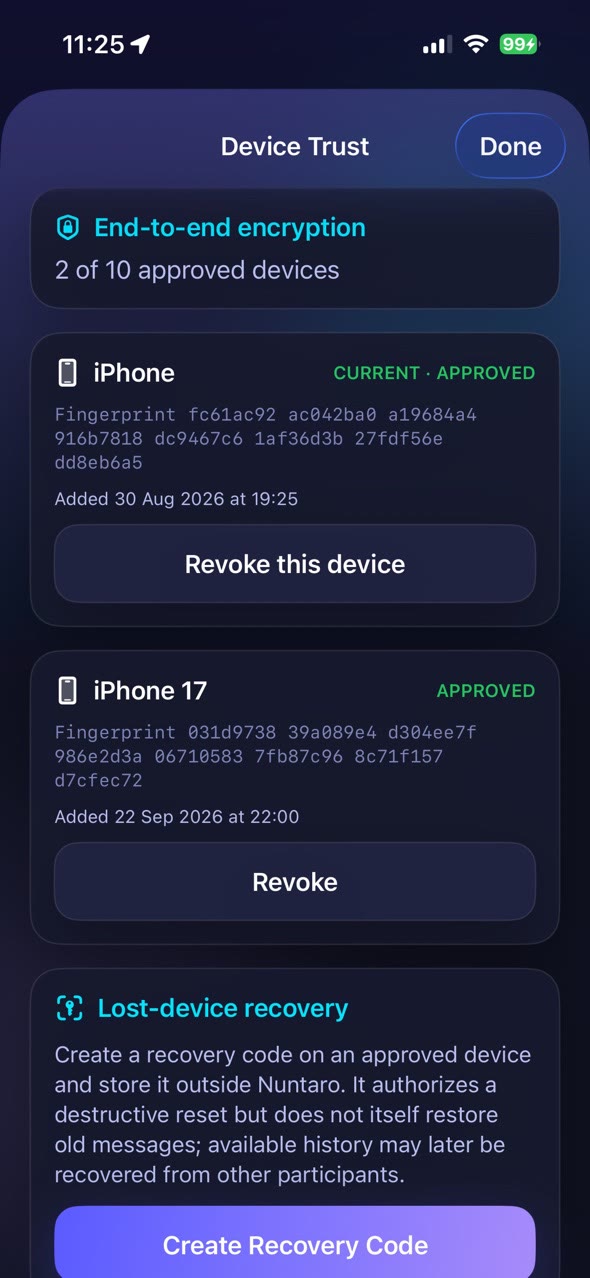 Nuntaro Device Trust screen for approved encrypted devices