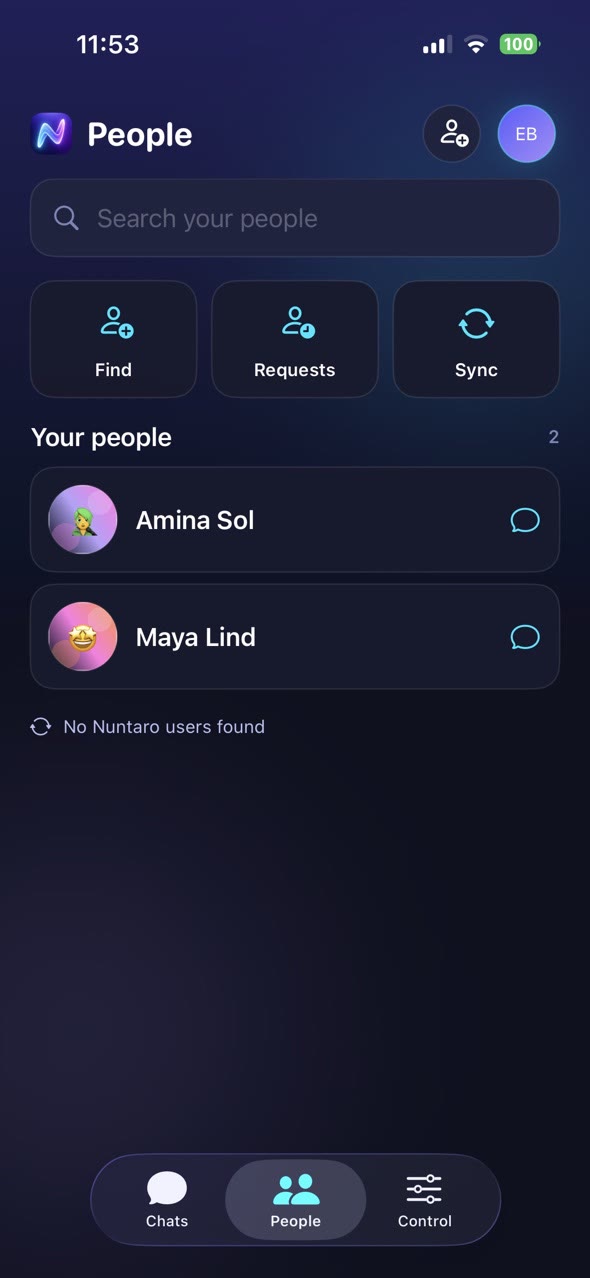 Nuntaro People screen with contacts, requests, and sync